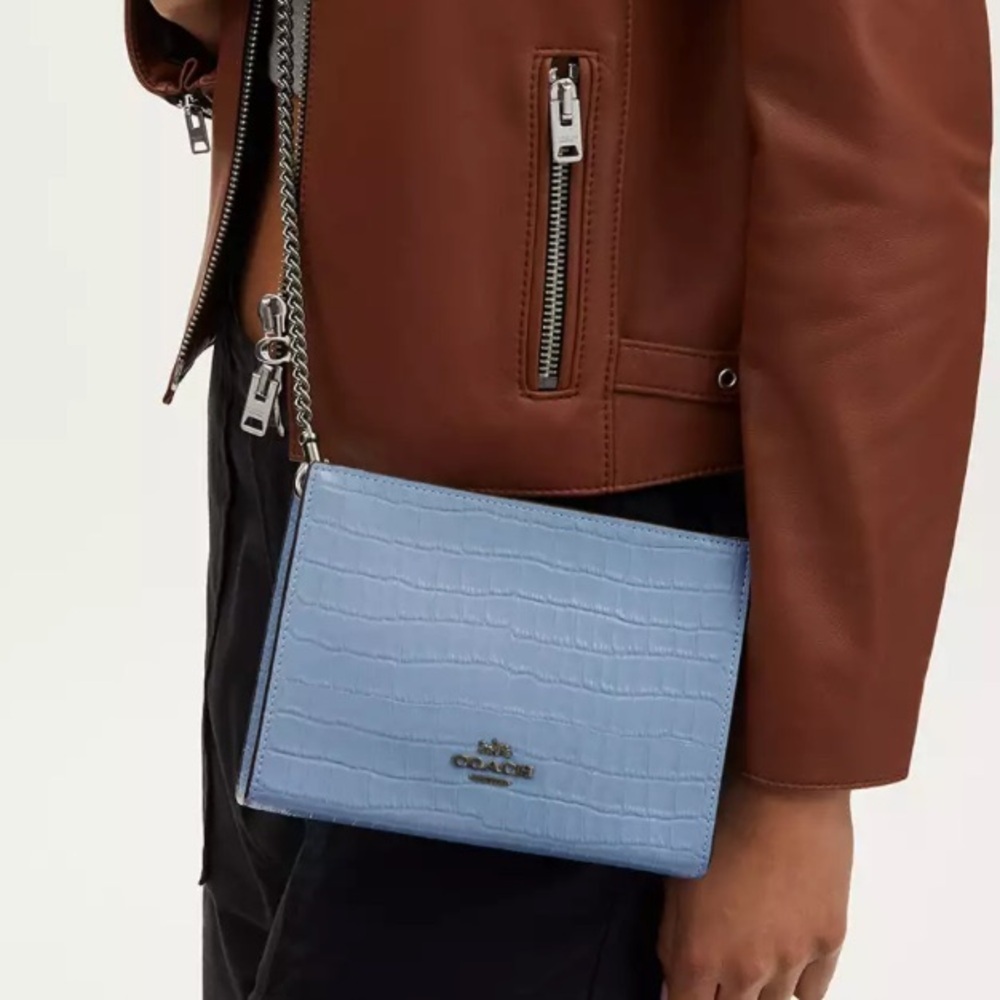 Coach Light Blue Croc-Embossed Leather Crossbody Bag